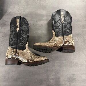 El Malcreado Cowboy Boots Mens 8.5 Natural Python Black Leather Bulldog Toe
